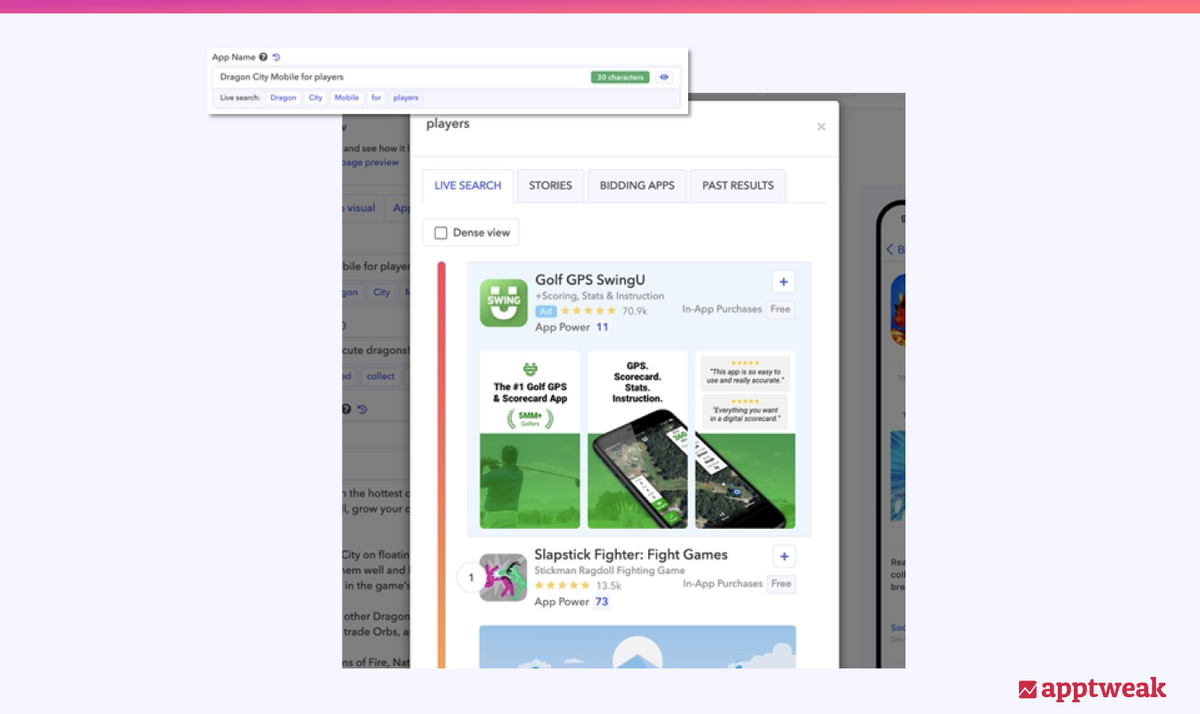Perform a live search on any keyword added to your app metadata